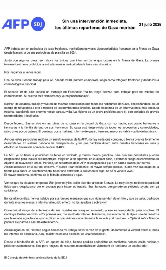 La Agencia AFP Lanza una Alerta Mundial por el Riesgo de Muerte por Hambre de sus Periodistas en Gaza