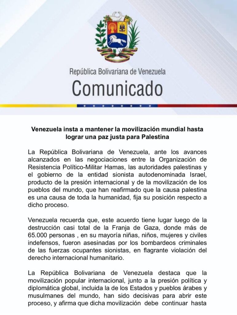 Venezuela impulsa movilización global para alcanzar una paz justa y duradera en Palestina