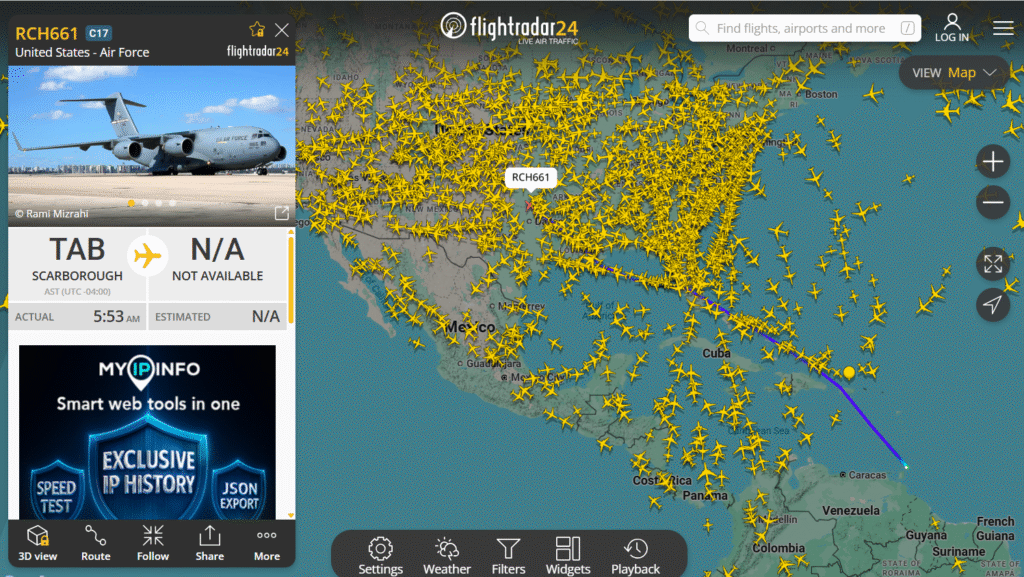 Ruta del avión, luego de su despegue de Tobago