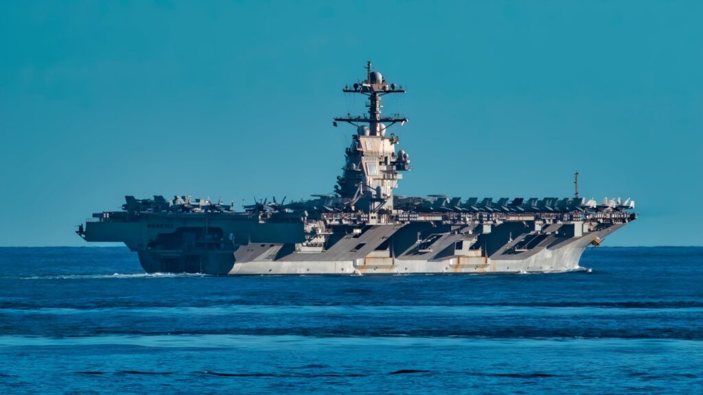 Portaaviones USS Gerald Ford, en aguas del Caribe inmediatas a Venezuela, donde Estados Unidos mantiene despliegue militar en colusión con Trinidad y Tobago