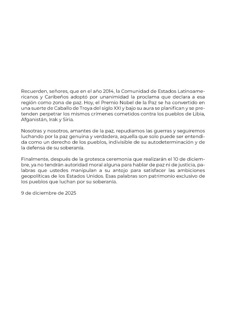 "Uso político del Nobel de la Paz" Intelectuales y artistas exigen revocar el premio a María Machado