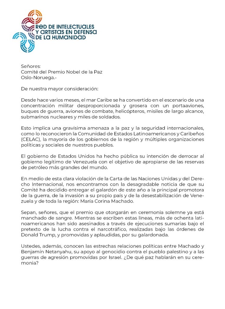 "Uso político del Nobel de la Paz" Intelectuales y artistas exigen revocar el premio a María Machado