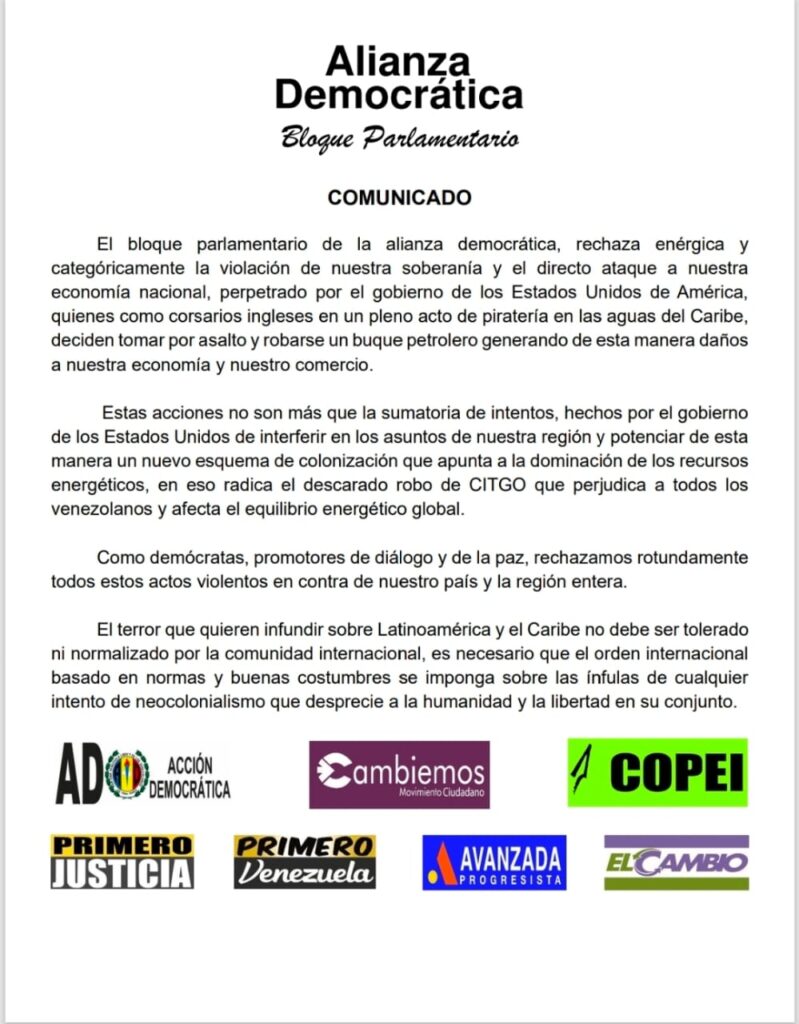 Bloque Democrático condena con firmeza piratería y agresión económica de EE.UU. contra Venezuela